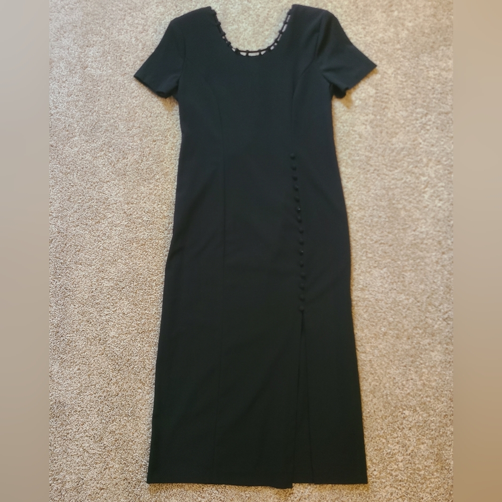 90s Vintage Kathie Lee Black Dress With Buttons And Neckline Tie